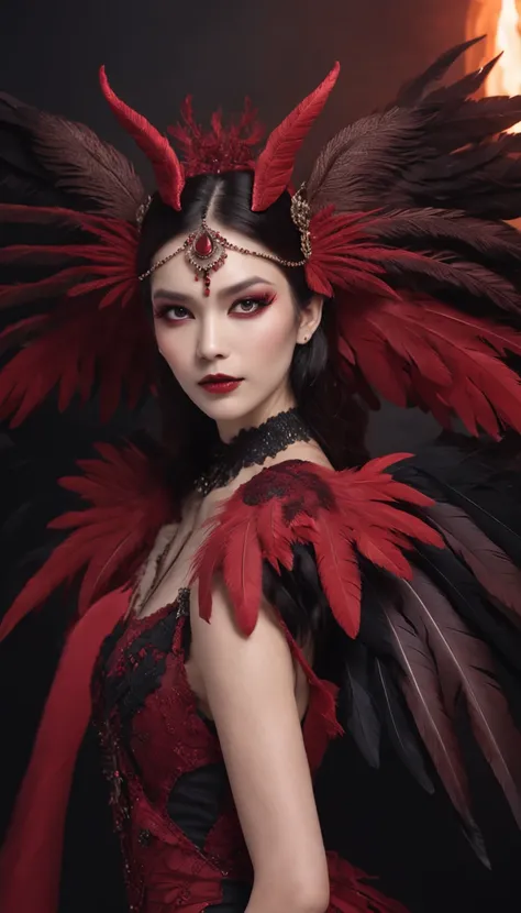 Generate images of demons with crimson wings. Give this image a captivating aura and powerful feather movement. Next, Add a devils dress designed to emphasize the lines of the body, With feather accents to create a dark and mysterious atmosphere. reeds, Co...