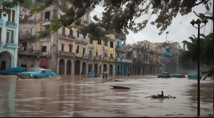 realistic, Havana, collapsed buildings, torrential rain, severe flooding, chaos and destruction, atmosphere of despair