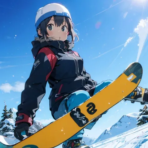 masutepiece, Best Quality, 8K_Wallpaper, (Beautiful eyes), ((of the people around２Glide twice as fast)), Cute, (Yellow Wear、Outerwear is blue、Red pants),1girl in,small tits,1 schoolgirl、Smile,()、(((Glide from the summit)))、Ski resort on a sunny day、snow bo...