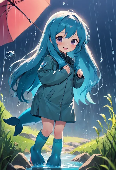 Porpoise，Cute and cute，Q version style，on a grassy field，standing on your feet，Wear rain boots，Extreme light and shadow，Smile Expression