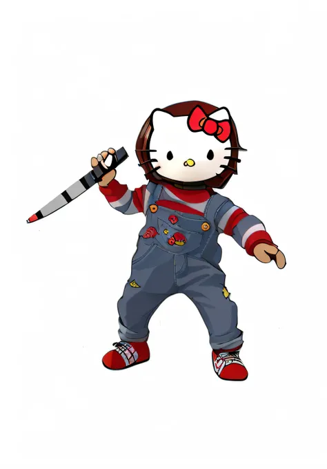 (melhor qualidade, obra-prima),  1980s (estilo), olhando para o espectador Um close up de uma boneca Hello Kitty segurando uma faca, estatueta de brinquedo de vinil, estilo Chucky, imagem detalhada, vinyl action figure, cabrito, Chucky, Sanrio, Iconic char...