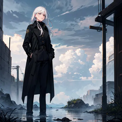 ((Masterpiece, Best quality)), (1girll), (Solo), (female focus), (White hair, long whitr hair), Black eyes, Blank stare,, Black military uniform, (Black trench coat, Long trench coat), Wet clothes, (Hands in pockets), (Cloudy sky), standing,