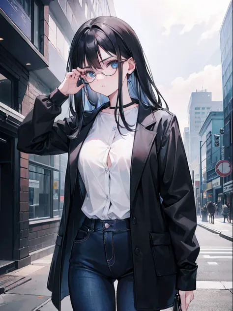 1girl, long black hair, blue eyes, wearing womens shirt, skinny jean black womens, wearing rectangle glasses, wearing black lab coat, city, absurdres, high res, ultrasharp, 8K, masterpiece, looking at viewer