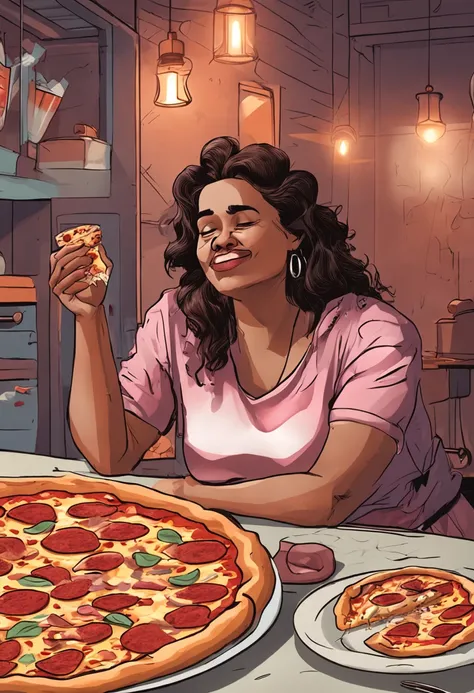 mulher gorda comendo pizza na mesa da cozinha vestida com roupas e triste por ser gorda