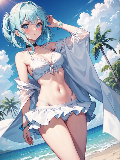 1girl in,Light Svert Medium Hair,Tying hair,Light blue eyes,Beach,Swimsuit,Cute,blush,medium breasts⁩,cumulonimbus clouds,Best Quality++,Highest Quality++