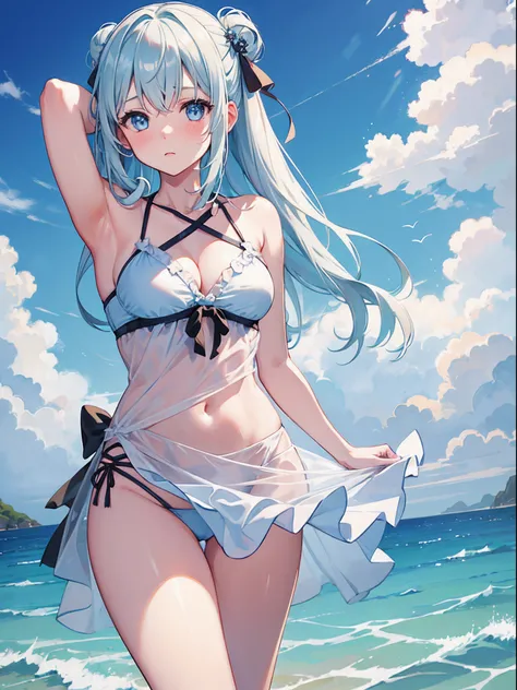 1girl in,Light Svert Medium Hair,Tying hair,Light blue eyes,Beach,Swimsuit,Cute,blush,medium breasts⁩,cumulonimbus clouds,Best Quality++,Highest Quality++