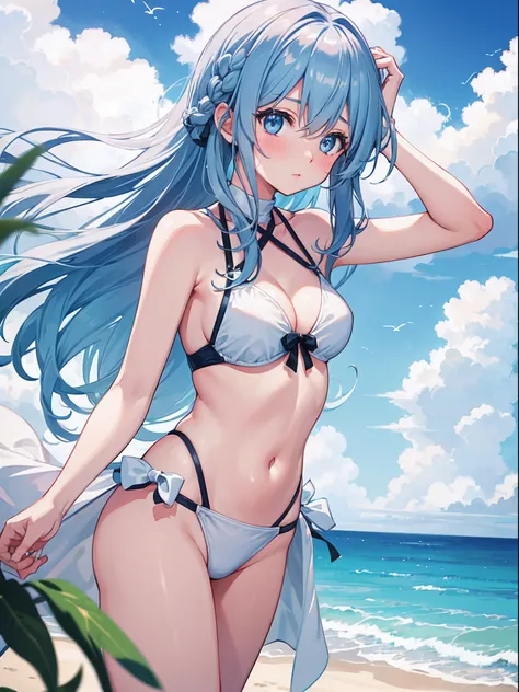 1girl in,Light Svert Medium Hair,Tying hair,Light blue eyes,Beach,Swimsuit,Cute,blush,medium breasts⁩,cumulonimbus clouds,Best Quality++,Highest Quality++