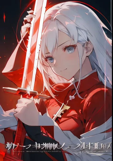 anime girl with white hair and red costume holding a sword, cushart krenz key art feminine, epic light novel art cover, overdeta...