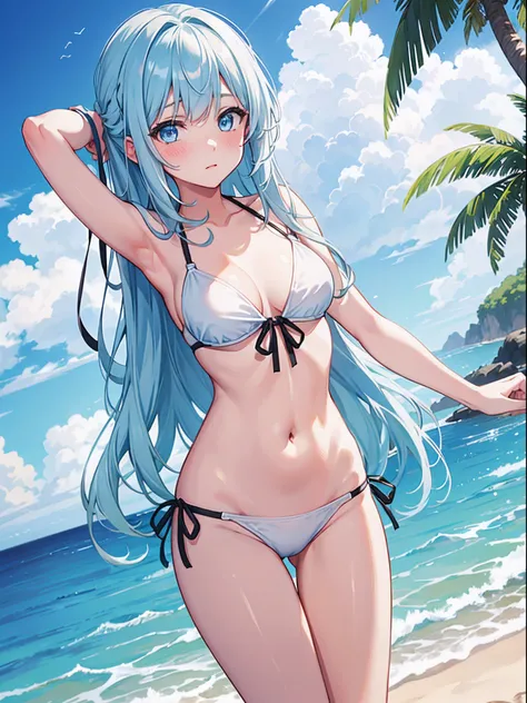 1girl in,Light Svert Medium Hair,Tying hair,Light blue eyes,Beach,Swimsuit,Cute,blush,medium breasts⁩,cumulonimbus clouds,Best Quality++,Highest Quality++