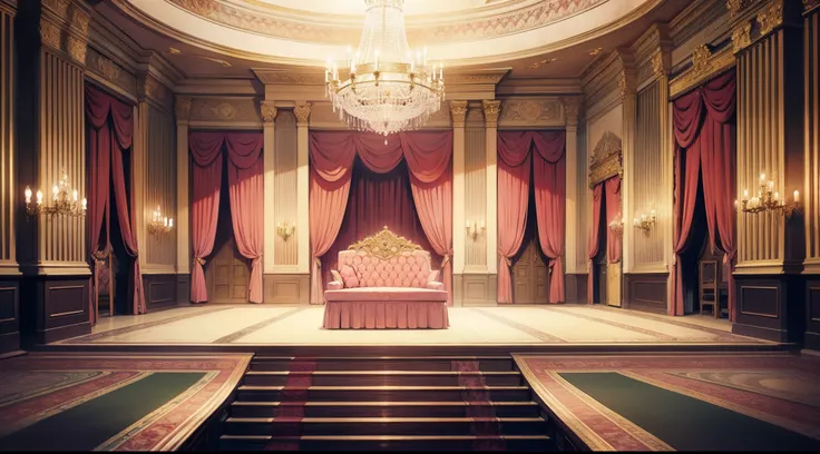 there is a large room with a staircase and a chandelier, concept art inspired by Adélaïde Victoire Hall, trending on cg society, rococo, ballroom background, palace background, interior background art, dance hall background, background art deco palace, bac...