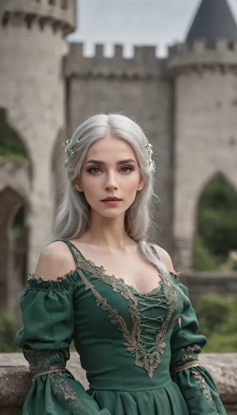 a woman with grey hair and a green dress in front of a castle, gothic city streets behind her, photo of a beautiful woman, gorgeous woman, very beautiful elven top model, perfect white haired girl, beautiful model girl, beautiful girl model, fantasy woman,...