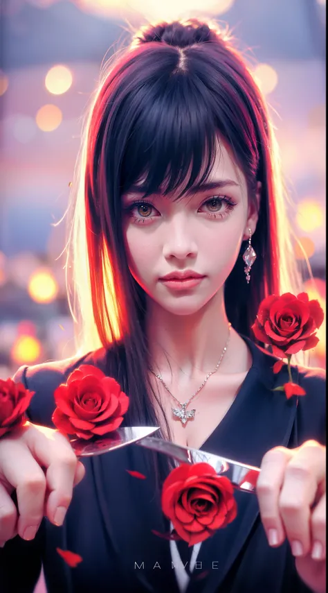 Garden covered with red roses in the background, Silver hair, front ponytail, eyes reflection, red contact lenses, Pink eyes,Heterochromia， Wear earrings, Blue crystal pendant，Evil smile, shairband，High detail, romanticism lain, Depth of field, Sparkle, Ra...