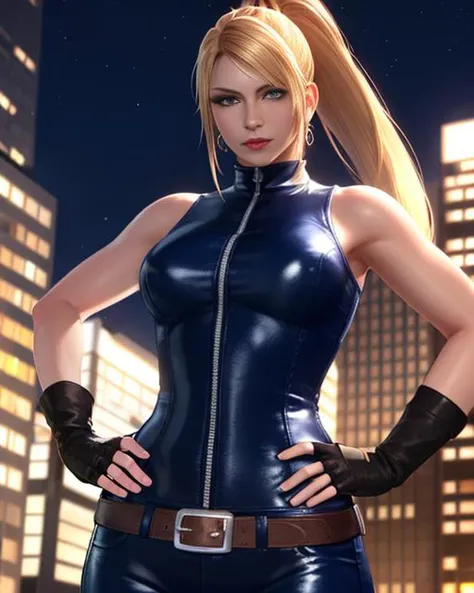 Sarah,high ponytail,blue eyes,long hair , upper body, close up, hands on hips, 
 SarSuit,blue bodysuit,belt ,belt, sleeveless, zipper,boots, high heels,earrings, fingerless gloves, 
night sky, stars, city. (insanely detailed, beautiful detailed face, maste...