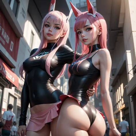 Zero Two Darling en el Franxx, 1 girl, Underboob, Small semi-transparent black lid, rosa erigido , smiling at camera, Pose de conejito, pose sexy, Vista desde abajo, View from behind, Micro mini falda, Vemos su delgado y ajustado, mojado, cabello rosado, s...