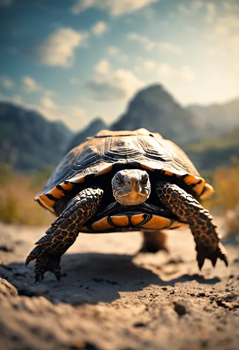 /imagine prompt: A surreal and mesmerizing scene that defies the laws of nature: a tortoise descending gracefully from the sky. Captured with a touch of magic using an analogue Nikon Z 14mm ultra-wide angle lens in RAW format, this image invites viewers to...