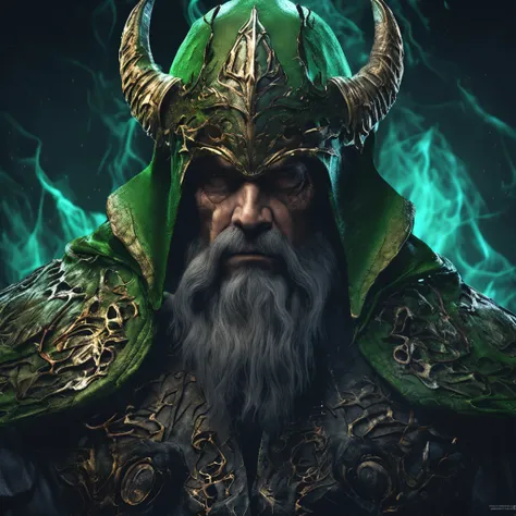 Best quality, masterpiece, ultra high res,detailed background,realistic,hadesstyle,solo,male,mature,bara,muscular,mature male,short hair,facial hair,wizard,necromancer,skull,green fire,horror (theme),dark fantasy,evil,cape,depth of field