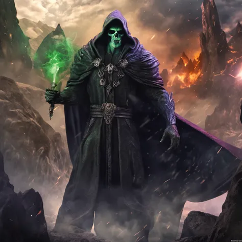 Best quality, masterpiece, ultra high res,detailed background,realistic,hadesstyle,solo,male,mature,bara,muscular,mature male,short hair,facial hair,wizard,necromancer,skull,green fire,horror (theme),dark fantasy,evil,cape,depth of field