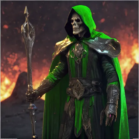 Best quality, masterpiece, ultra high res,detailed background,realistic,hadesstyle,solo,male,mature,bara,muscular,mature male,short hair,facial hair,wizard,necromancer,skull,green fire,horror (theme),dark fantasy,evil,cape,depth of field