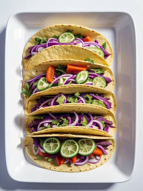 Mexican Tacos(Inorganic white background)、Lots of vegetables(intricate-detail:1.12)、frontage(intricate-detail、ultra-detailliert:1.15)、Photorealsitic、hyper realistic photography、8k UHD、Digital SLR、Soft lighting、hightquality、film grains、FujifilmXT3、(​masterp...