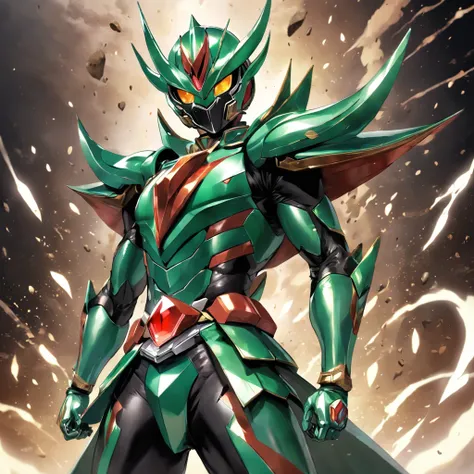 Kamen Rider,Helmet in the shape of locust elements,Closed face shield,Rock elements，The body is set with diamonds，the Chinese character "soil" in the middle of Kamen Riders Belt，full-body shot，Yugioh artwork, top-quality, tmasterpiece, A high resolution