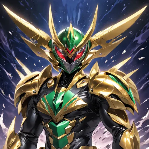 Kamen Rider,Helmet in the shape of locust elements,Closed face shield,Rock elements，The body is set with diamonds，the Chinese character "soil" in the middle of Kamen Riders Belt，full-body shot，Yugioh artwork, top-quality, tmasterpiece, A high resolution