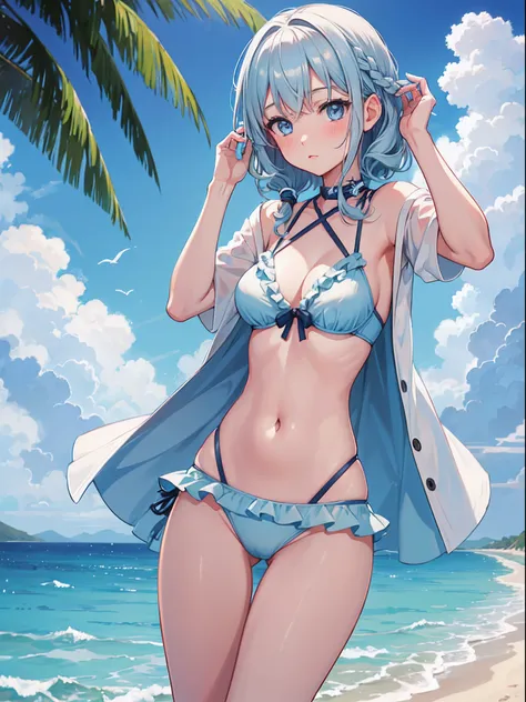 1girl in,Light Svert Medium Hair,Tying hair,Light blue eyes,Beach,Swimsuit,Cute,blush,medium breasts⁩,cumulonimbus clouds,Best Quality++,Highest Quality++, Line,