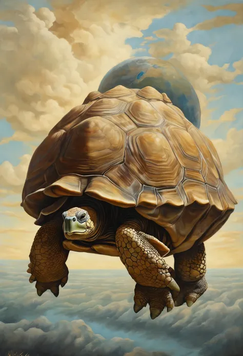 In a surreal twist of reality, a tortoise defies its natural habitat and takes an unexpected plunge from the sky. Suspended amidst billowing clouds, the tortoise is a symbol of both vulnerability and unexpected freedom. Its shell, a refuge of resilience, b...