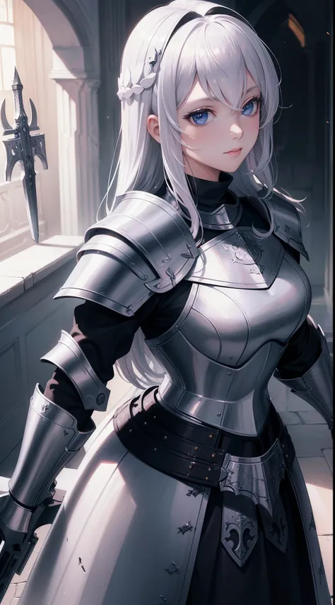 ((Masterpiece)), (((Best quality))), ((Ultra-detailed)), ((illustration)),[realism light effect],black shadows,A female knight，Armour，(Holy Gun:1.2)，Noble，Shine brightly，(white backgrounid:1.5)