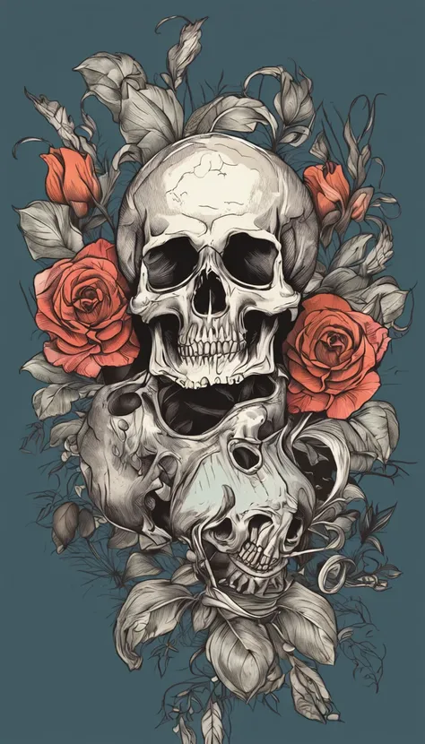 a closeup of a skull with flowers on it, fantasy skull, sacred skull, morphing skulls, ((skull)), death skull, skull tattoo, skull head, Tinta de caveira, skull like, skulls, sacred skulls, skull bones flowers, glass skull, skulls around, arte de fundo, sk...