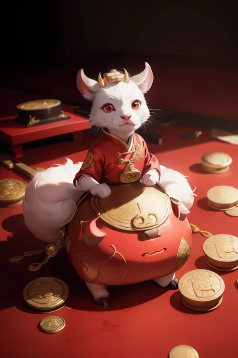 Anthropomorphic, cute little cow dressed in elegant red hanfu, holding gold coin, the ground covered with of gold coins, Big Eyes, Chinese Culture, ZBrush,Full Body Portrait, Fine Detail, Cinematic Illumination, Intricate Details, Octane Rendering, 8k, Pix...