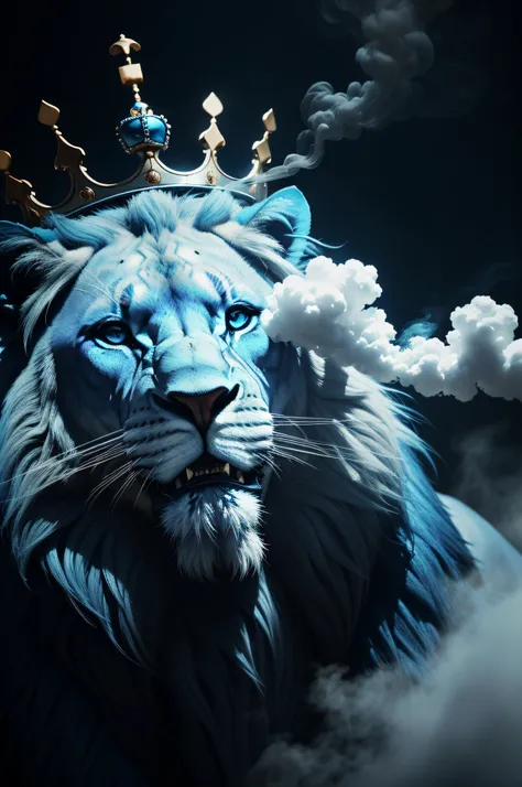 Blue lion wearing crown blowing smoke through his mouth , em um fundo azul , cinematico 8k