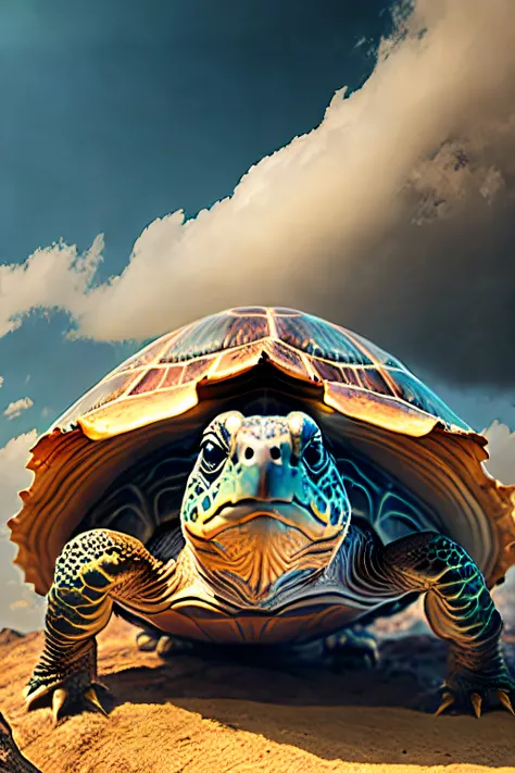 In a surreal twist of reality, a tortoise defies its natural habitat and takes an unexpected plunge from the sky. Suspended amidst billowing clouds, the tortoise is a symbol of both vulnerability and unexpected freedom. Its shell, a refuge of resilience, b...