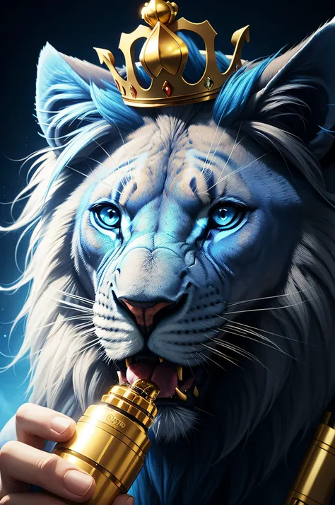 Blue lion wearing crown and holding golden vape on a blue background , cinematico 8k