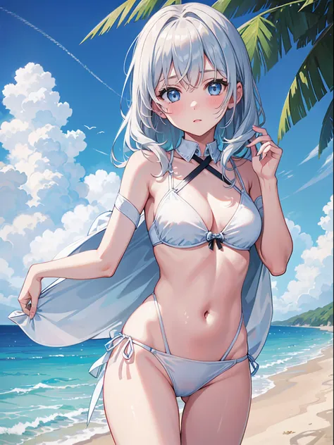 1girl in,Light Svert Medium Hair,Tying hair,Light blue eyes,Beach,Swimsuit,Cute,blush,medium breasts⁩,cumulonimbus clouds,Best Quality++,Highest Quality++, Line,