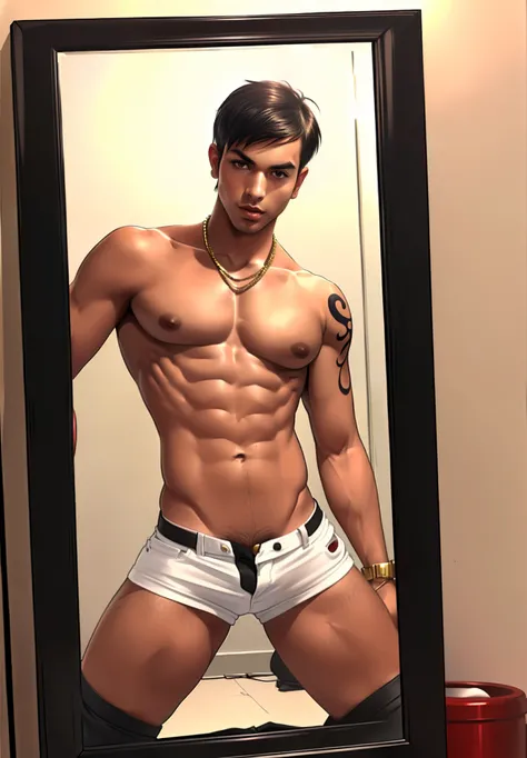 A shirtless 25 year old male ,   , clean shaven, nice skin, colorful tattoos,  large bulge shows in shorts, short clean long prettysexy black hair hot guy, tight cherry red plastic vinyl booty shorts for men very very tight and tiny and short and very red,...