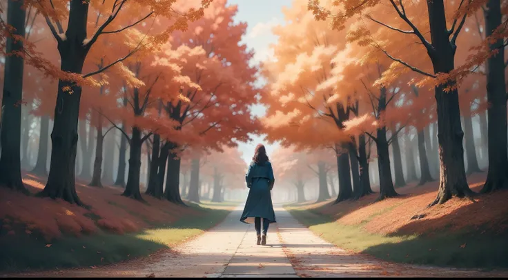 A serene scene unfolds as a person walks down a path flanked by magnificent autumn trees. Leaves painted in rich shades of red, orange, and gold gently fall from the branches, creating a mesmerizing dance in the air. This image beautifully captures the pas...