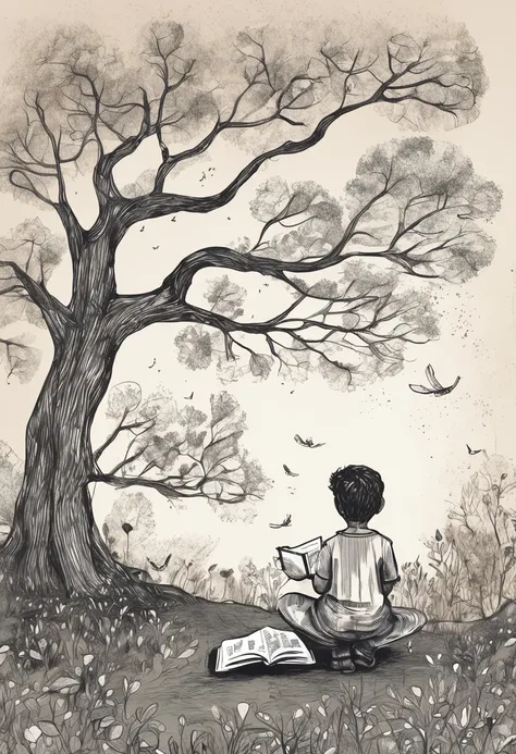 Child under a tree, um varal com 5 livros infantis pendurados na arvore, child is holding a book that has a childrens drawing, da to see the starry sky, The ground is a lawn, with a slope