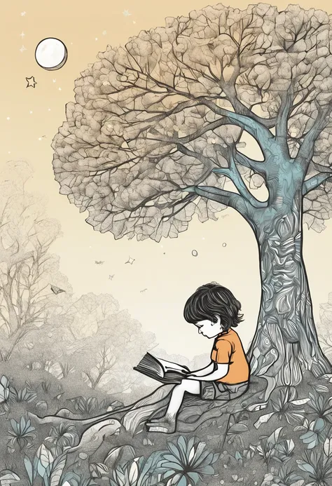 Child under a tree, um varal com 5 livros infantis pendurados na arvore, child is holding a book that has a childrens drawing, da to see the starry sky, The ground is a lawn, with a slope