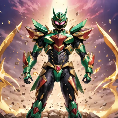 Kamen Rider,Helmet in the shape of locust elements,Closed face shield,Rock armor，The body is set with diamonds，the Chinese character "soil" in the middle of Kamen Riders Belt，Yugioh artwork, top-quality, tmasterpiece, A high resolution