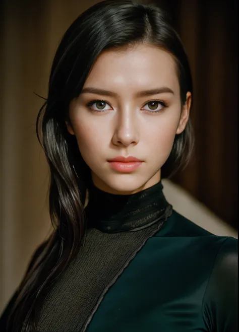 Stunning intricate full-color portraits of (sks woman:1), wearing a black turtleneck, epic character composition, by ilya kuvshinov, Alessio Albi, nina masic, Sharp Focus, Natural lighting, Subsurface scattering, F2, 35 mm, Film grain,