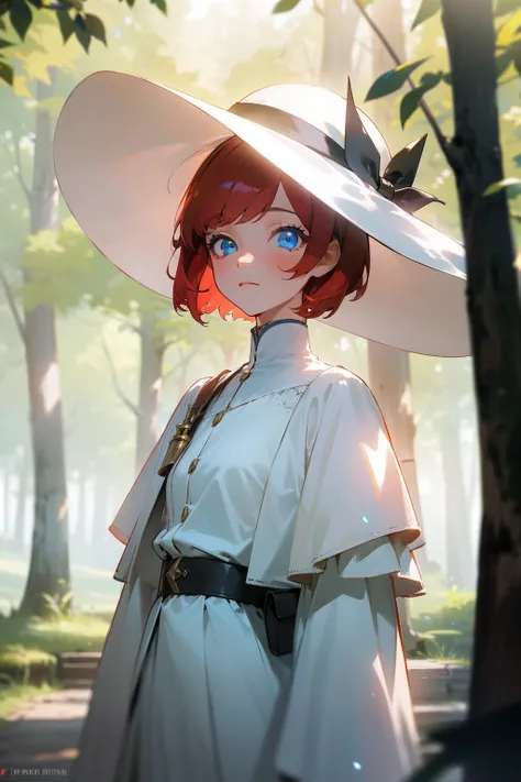 A girl，short detailed hair，redheadwear，First class stature，white dresses，mesmerizing eyes，shyexpression，in woods，sunlight beaming down，（tmasterpiece：1.2）， high light， Best quality at best， 8K， great clarity，