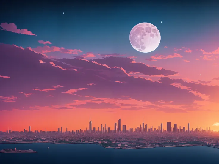 Cityscape illustration with a gigantic moon rising on the horizon, 8k, Masterpiece