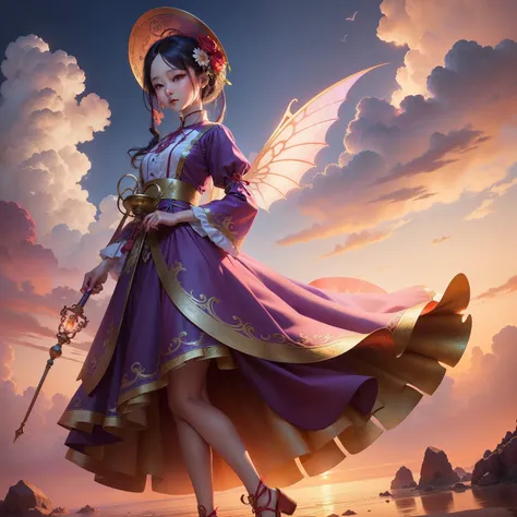 Colorful auspicious clouds under your feet，Holding a golden hoop rod in his hand，Holding the Zixia fairy in his arms。She was wearing a red dress。The clothes of the Zixia fairy are purple，Chest exposed，Long legs。