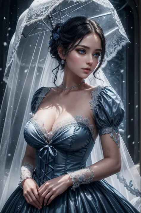 This is realistic (((fantasy))) artwork set in a highly ambient midnight frozen rose garden of an enchanted ice castle in winter and should consist of many shades of cold and dark blue and black colors. It is snowing heavily. Generate a proud woman with a ...