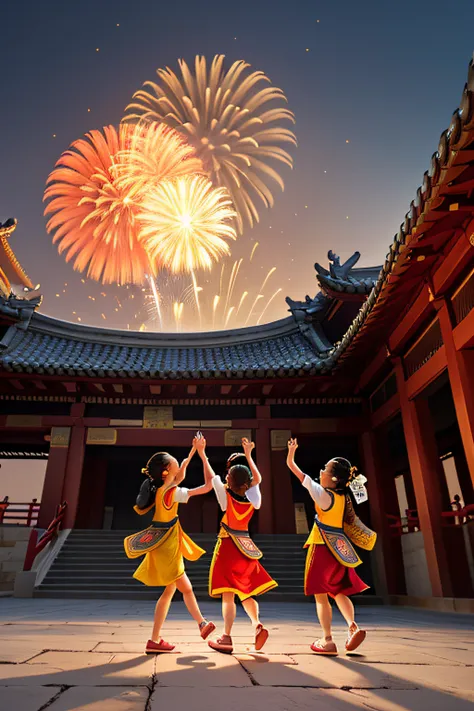 UE5，Traditional festivals，Tang dynasty architectural style，Magnificent building，Tall buildings，symmetrical architecture，at centre，firecrackers，Couplets，fire works，(blur backgroun)，2 little girls，is playing happily，Highlight the topic