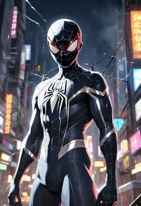 A Spider-Man in a white/black suit, details on black clothing, HDR, UHD, 64K, highly detailed, professional photography by Sergio Nogueira, sketch style, ink scratches, sharp lines, trending on artstation, unrealistic engine, vivid colors , high resolution...