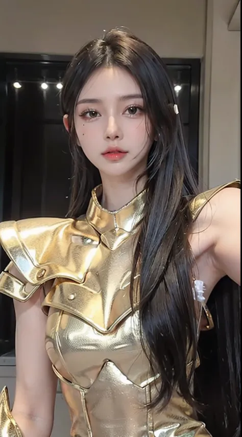 realisticlying， tmasterpiece， Best quality at best， A high resolution, 1girll， s the perfect face， looking at viewert， The skin is tight and transparent vinyl， Very long black hair， Green eyes， paleskin， Pisces， Gold armor with white parts， Armour， ((shelm...