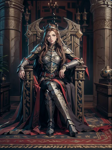 masterpiece, official art, 8k, masterpiece, best quality, highly detailed, Regal Viking queen with brown hair and pale hazel eyes, facing forward, wearing full metal and black leather armor, skin covered, sitting on an ornate Viking throne