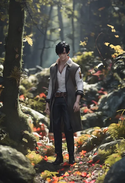 A handsome young man with black hair，With his eyes closed，Cute dolls next to it，Surrounded by a dark forest environment。