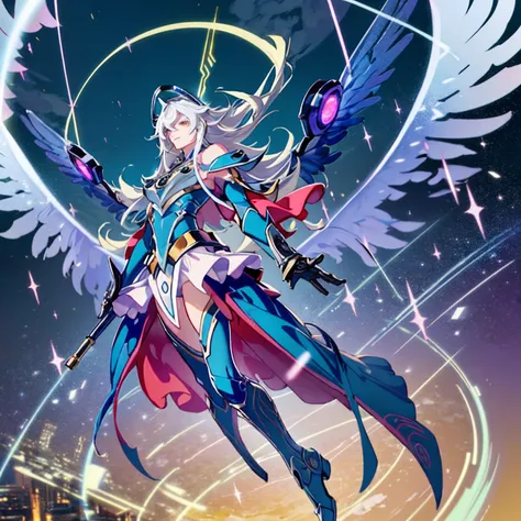 (best quality, masterpiece, colorful, dynamic angle, highest detailed)upper body photo, full body photo, fashion photography of cute mechangel, glowing 4 wings, solo, glowing armor, glowing halo, building, glowing mechanical 4 wings (intricate details, hyp...